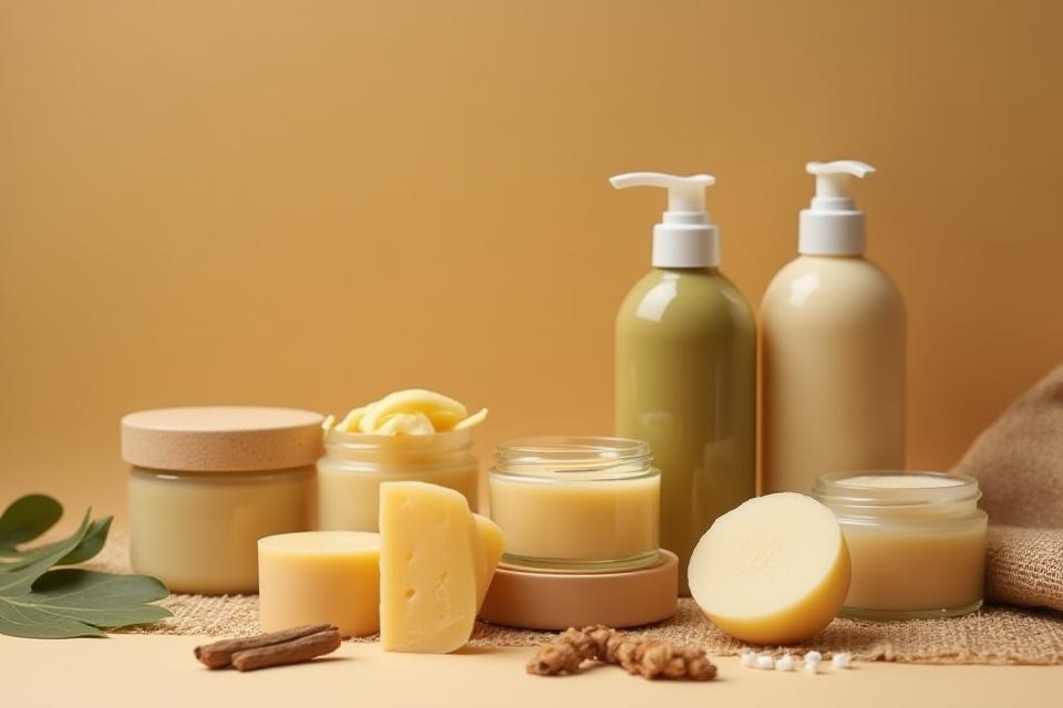 Close-up of various natural, handmade cosmetic products arranged appealingly.